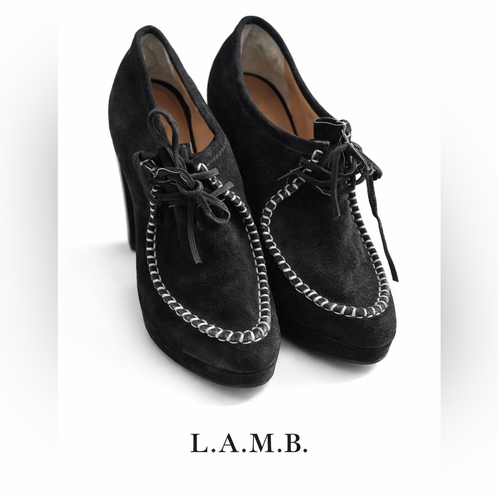 L.A.M.B. Black Leather Moccasin High Heel Shoes